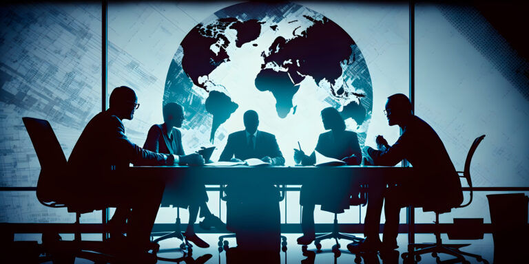 a-group-of-people-sitting-around-a-table-with-a-globe-in-the-background